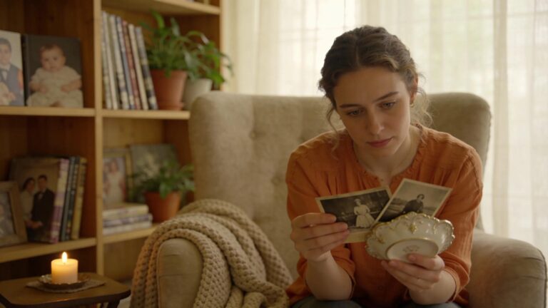 Cozy living space with a person reflecting on sentimental items, showcasing emotional value in decluttering