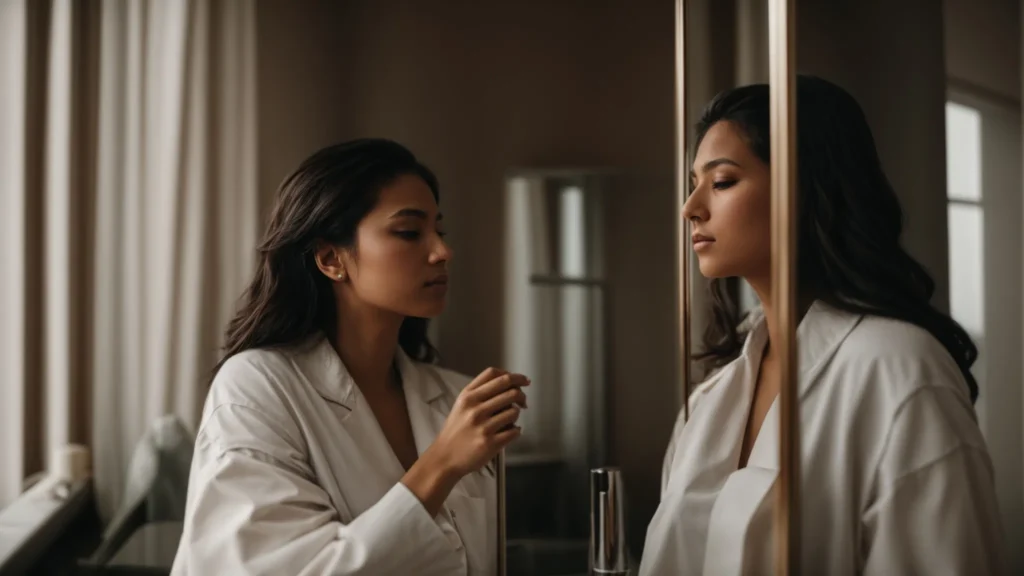 a confident person examining their reflection in a mirror, contemplating the results of facial aesthetic treatments.