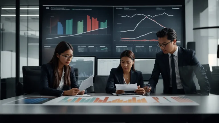 a business team is analyzing graphs on a large screen in a modern office to enhance sales performance.