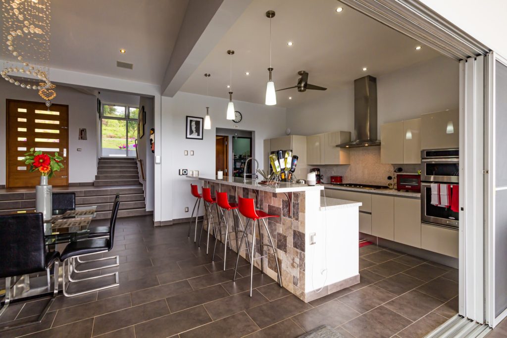 a large kitchen with a dining area