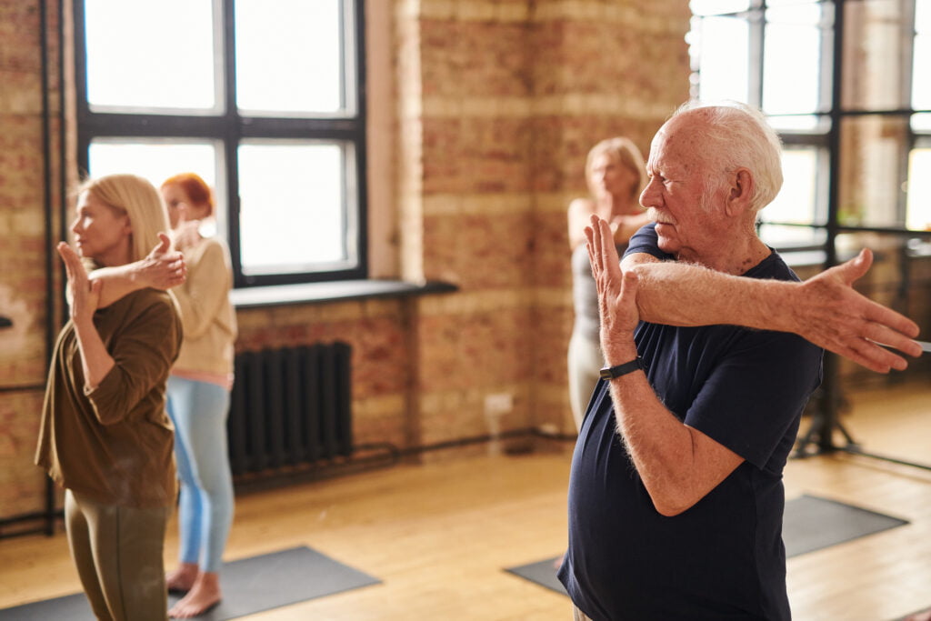 life advice, senior people exercising in health club utc