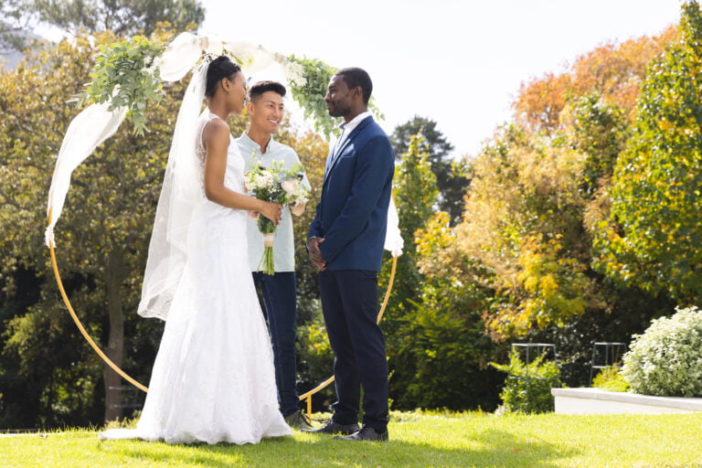 life advice, happy diverse male officiant bride and groom at o utc