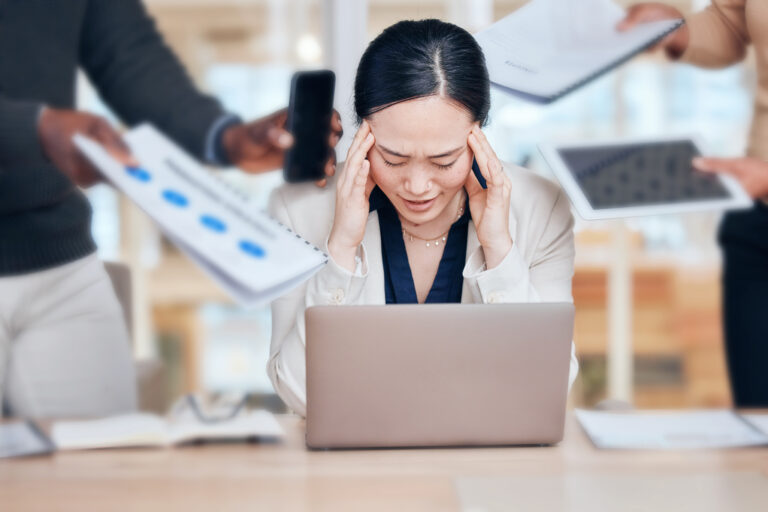life advice, business woman stress and headache for chaos dem utc