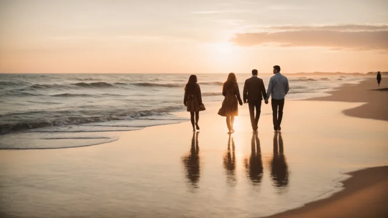 "a couple walks together along a serene beach at sunset, symbolizing connection and tranquility."