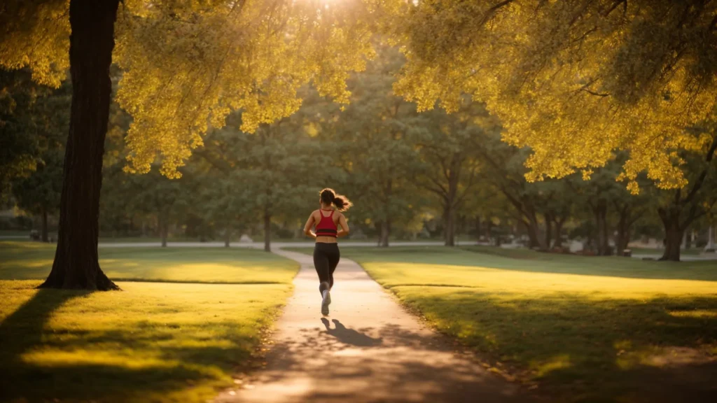 a person jogs through a sunlit park, embodying an active and healthy lifestyle.