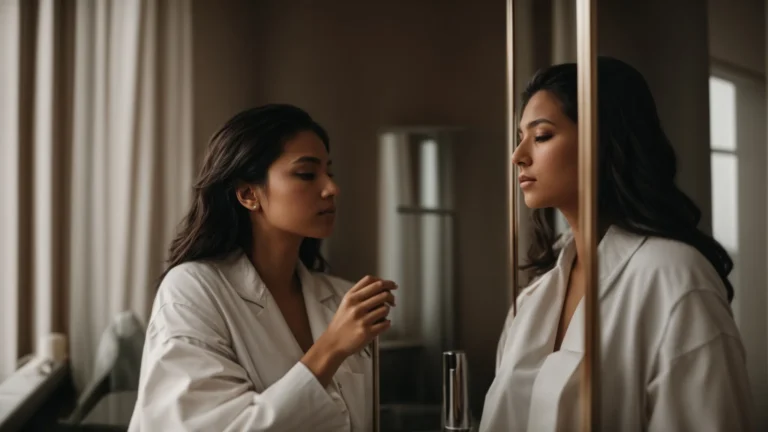 a confident person examining their reflection in a mirror, contemplating the results of facial aesthetic treatments.