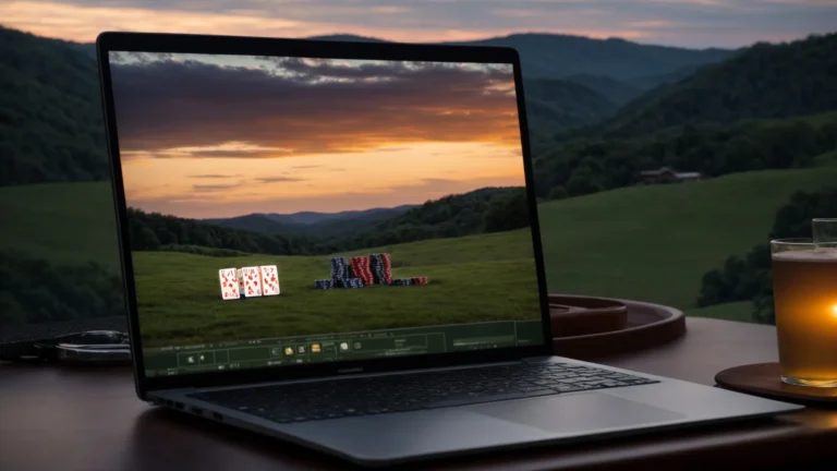 a laptop with casino games on the screen, set against the backdrop of west virginia's rolling hills at dusk.