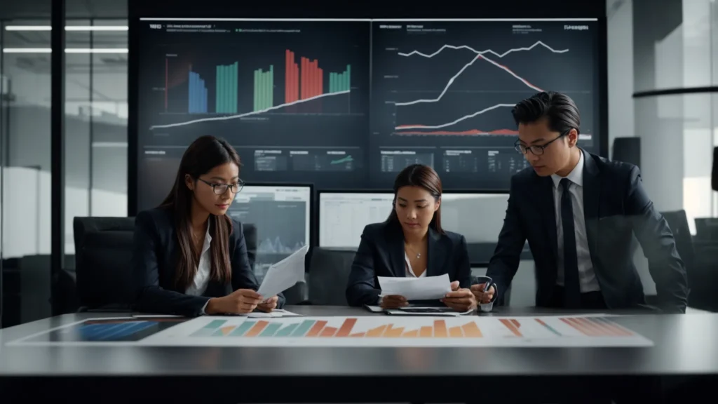 a business team is analyzing graphs on a large screen in a modern office to enhance sales performance.