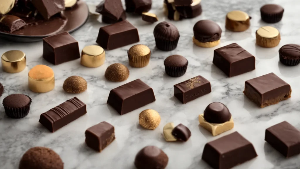 a luxurious assortment of gourmet chocolates elegantly displayed on a marble countertop.