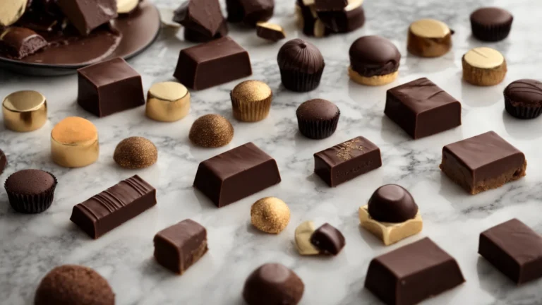 a luxurious assortment of gourmet chocolates elegantly displayed on a marble countertop.