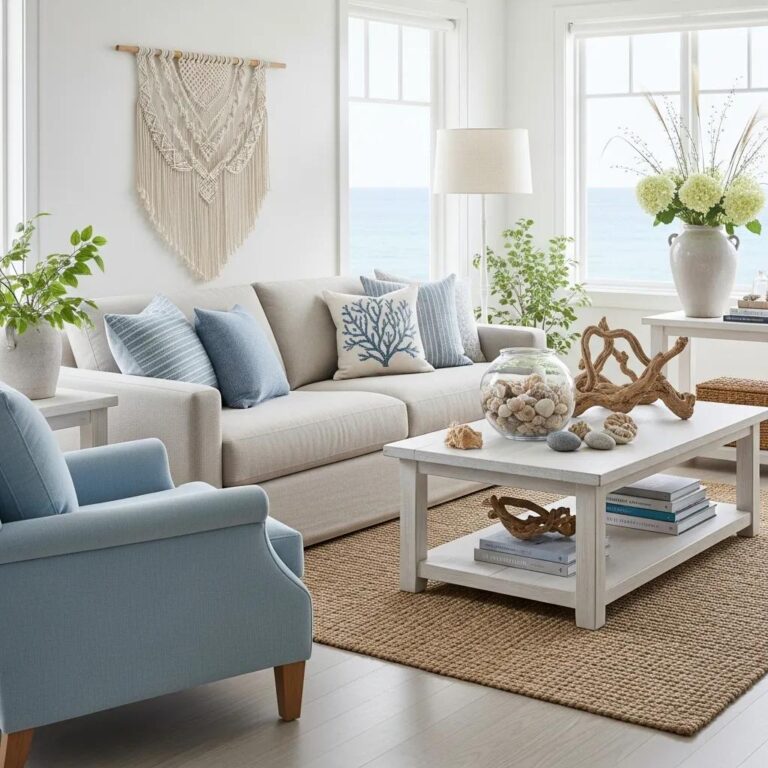Coastal living room with natural materials and ocean-inspired decor