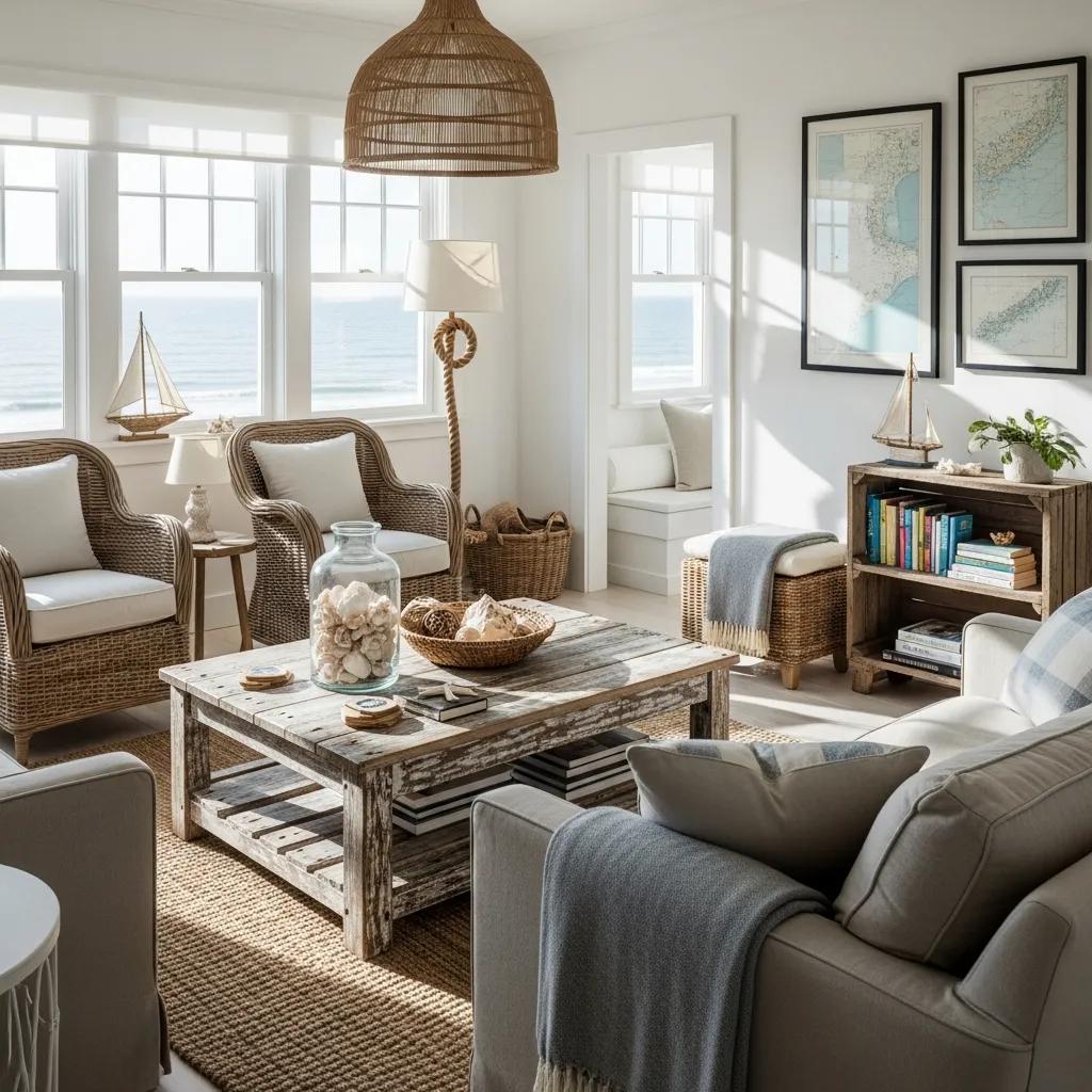 Nautical furniture in a beach cottage setting with coastal decor