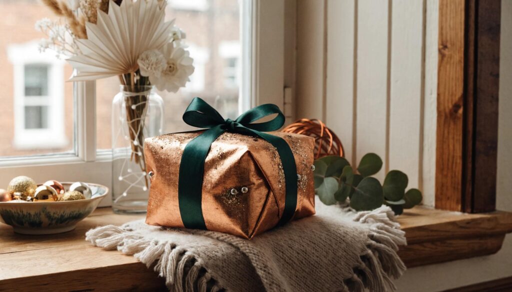 Beautifully wrapped gift surrounded by decorations, symbolizing thoughtful and unique presents