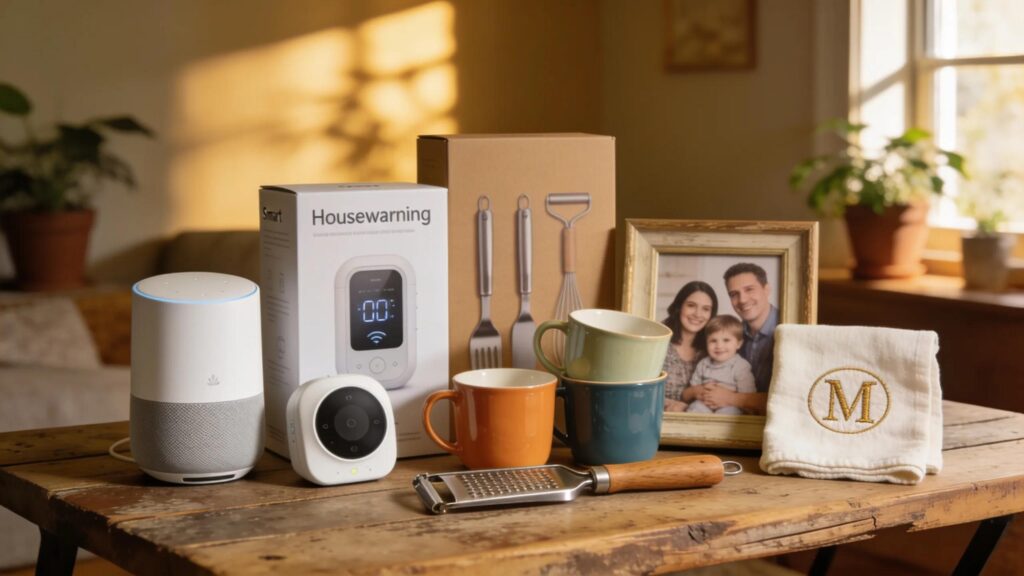 Array of practical housewarming gifts including smart gadgets and kitchen tools