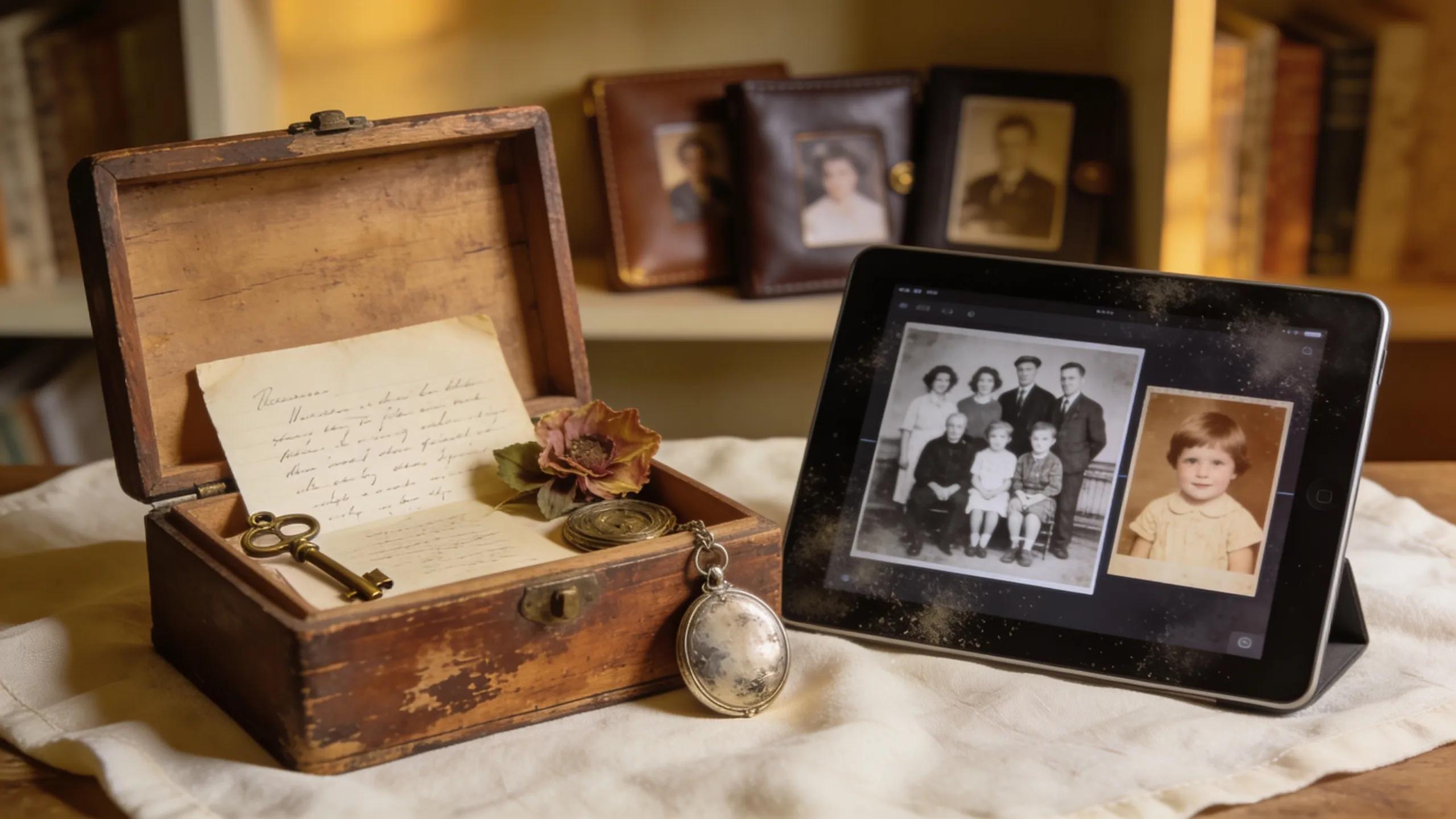 Memory box and digital tablet displaying archival photographs, highlighting techniques for preserving sentimental memories