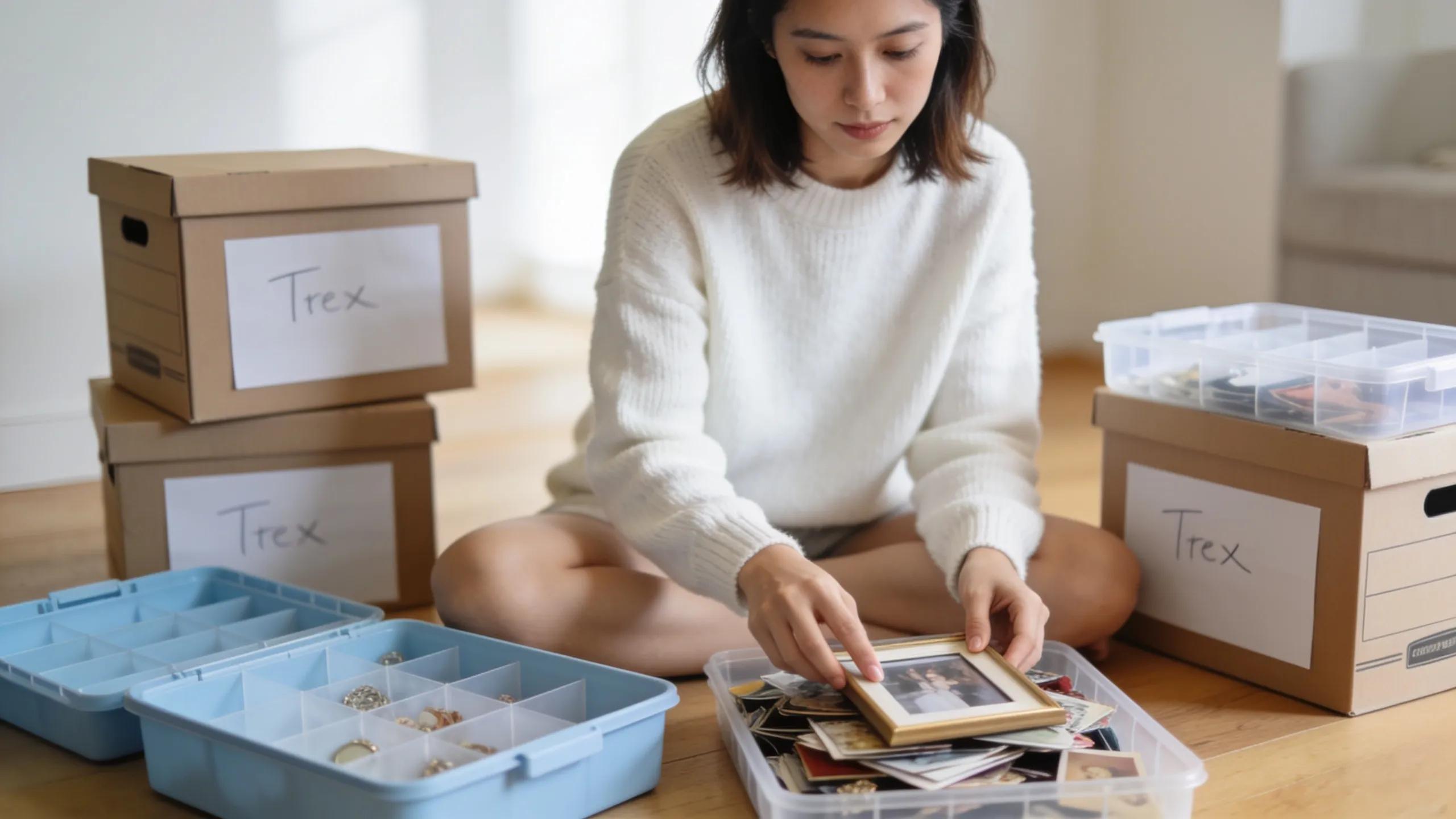 Organized decluttering setup with a person sorting sentimental items, promoting guilt-free strategies